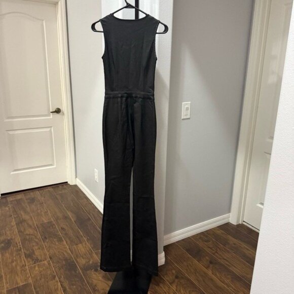 Retrofete Black Coated Denim Jumpsuit Plunge Flare Leg Black Size Small NWT - Picture 8 of 9